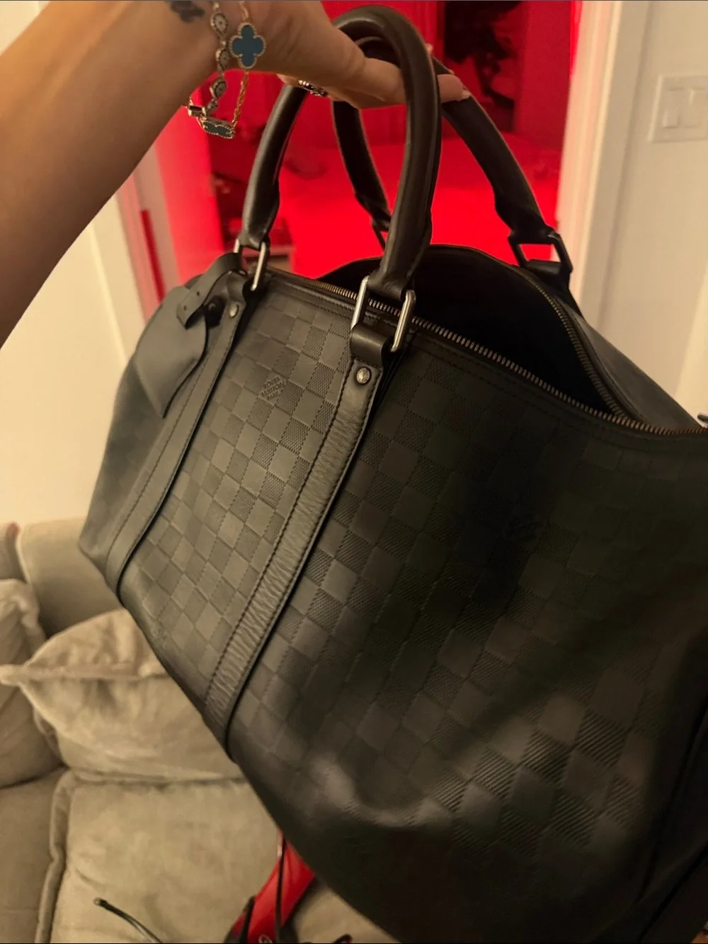 Louis Vuitton Black Embossed Damier Leather Duffel